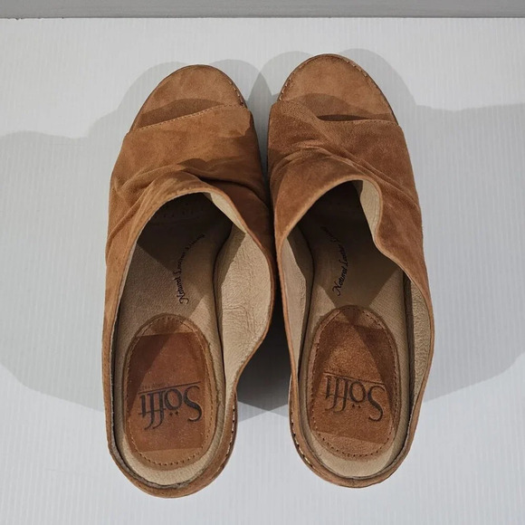 Sofft Strathmore Mule Womens 9.5 Ginger Tan Suede Peep Toe Wedge Heel - Picture 7 of 15